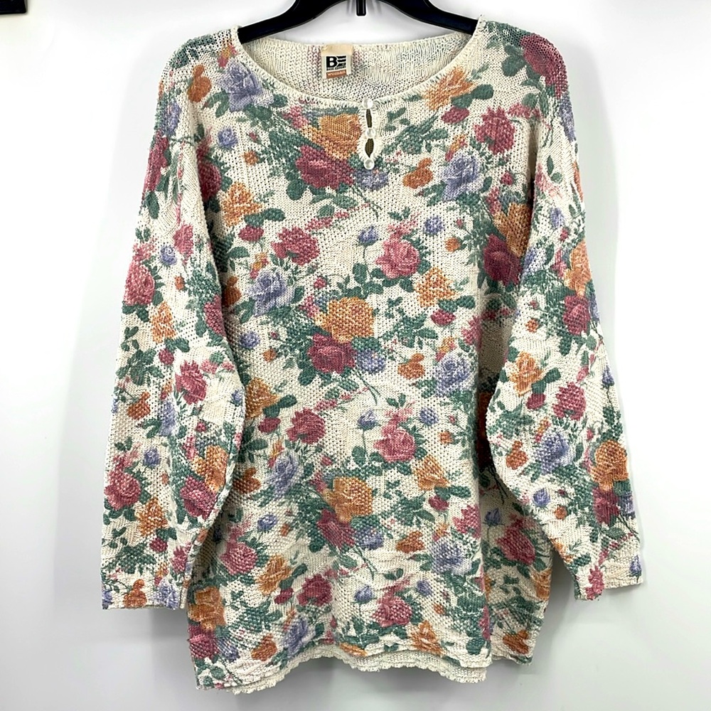 Vintage 90s Basic Editions Floral Knit Sweater Made in USA Cottagecore Size 20